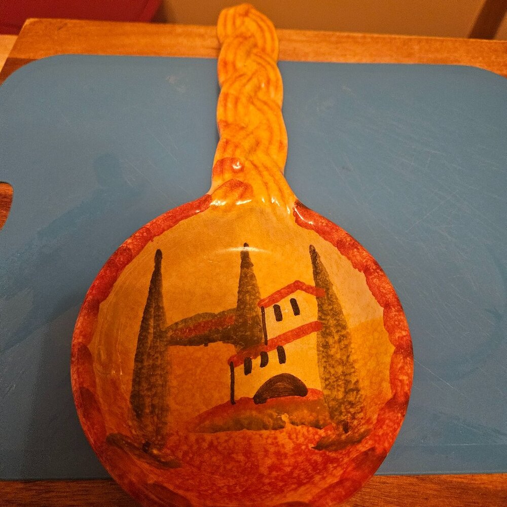 hand painted Italian ceramic spoon rest tuscan landscape braided handle